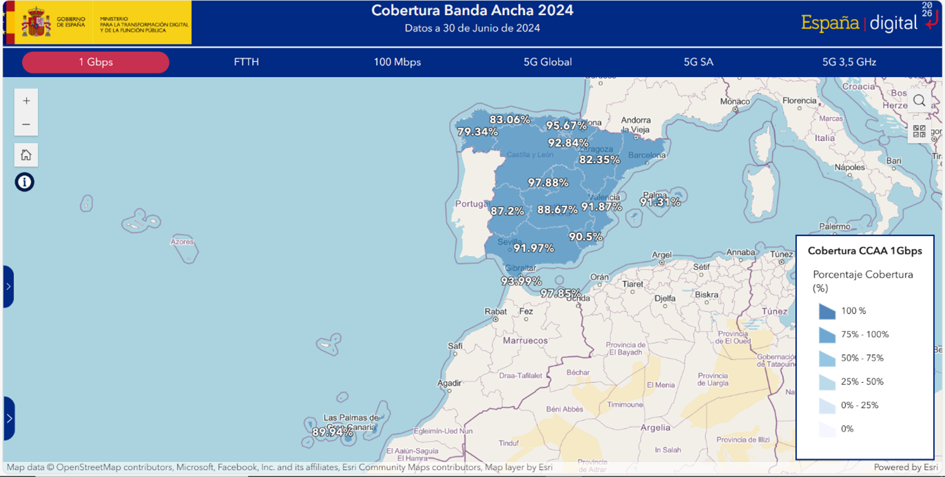 Mapa de cobertura agregada de Banda Ancha 2024 - CCAA / Provincia / Municipio